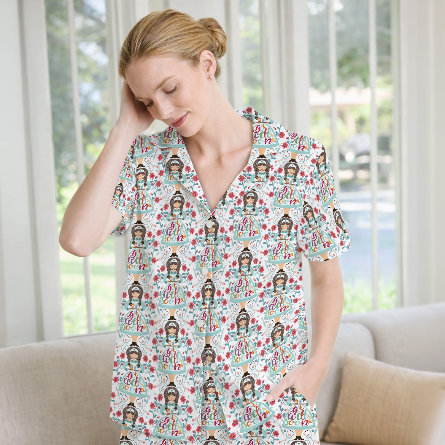 Get Well Soon Girl Floral Caring Pattern Pajama Set, Breathable Fabrics Uniform