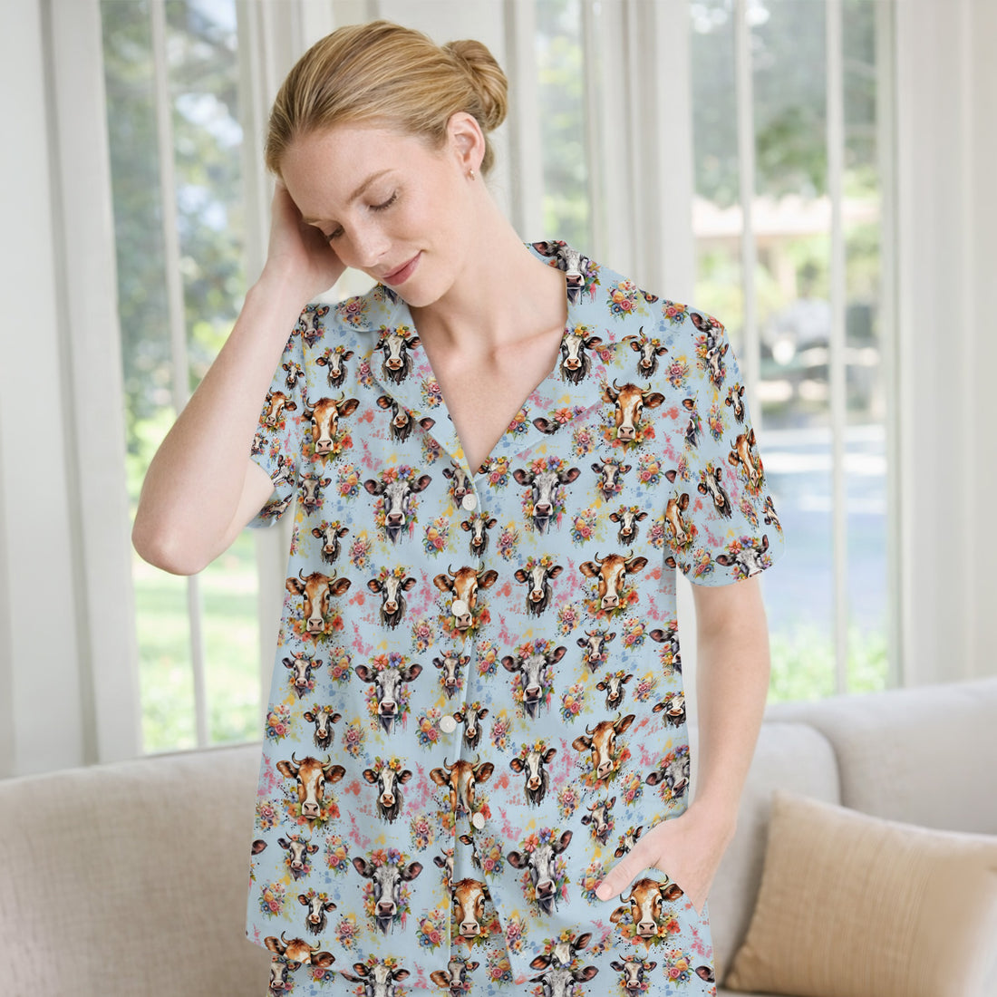 Cute Floral Cow Farm Animal Pattern Pajama Set, Soft Breathable Fabric Comfortable Sleepwear