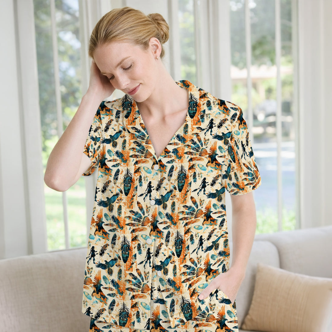Feather Birds Tribal Print Pajama Set, Soft Breathable Fabric Comfortable Sleepwear