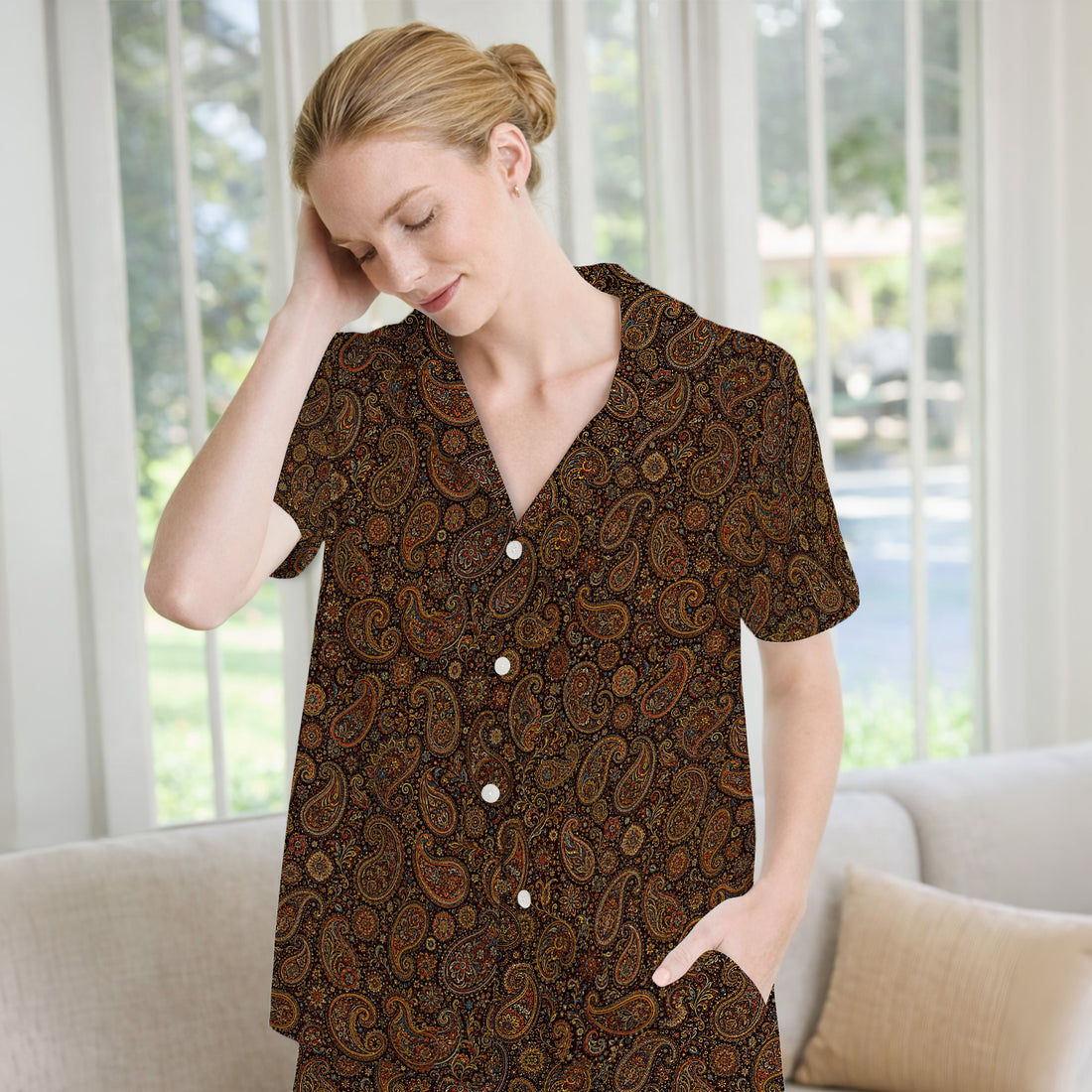 Vintage Ornate Paisley Pattern Pajama Set, Soft Breathable Fabric Comfortable Sleepwear