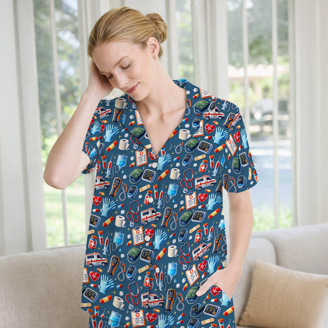Medical Tools Pattern Ambulance Stethoscope Pajama Set, Breathable Fabrics Uniform