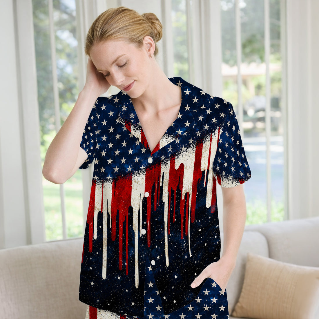 Festive Patriotic Dripping Flag Pattern Pajama Set, Soft Breathable Fabric Comfortable Sleepwear