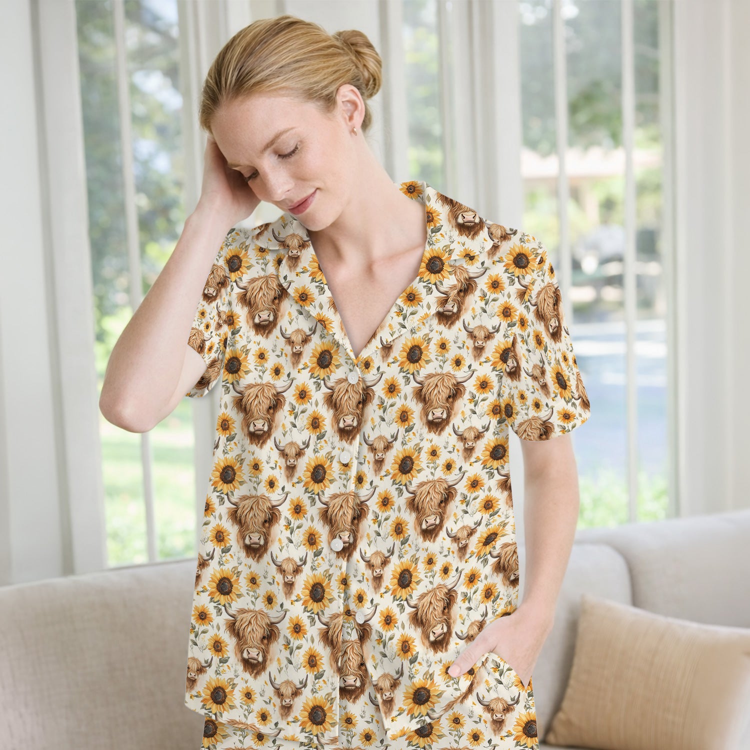 Highland Cow Sunflower Pajama Set, Breathable Fabrics Uniform