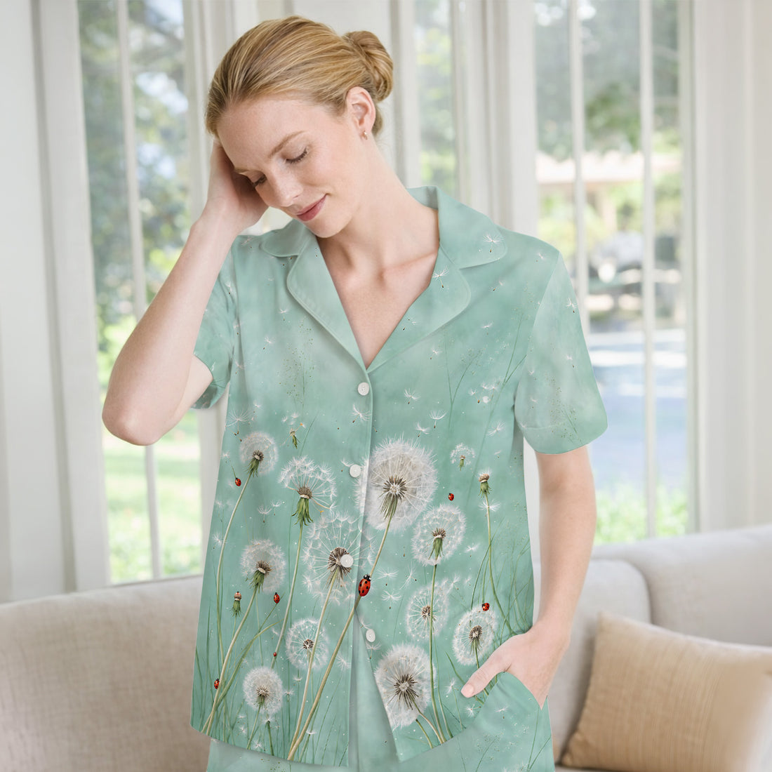 Dandelion Wishes Ladybug Meadow Pattern Pajama Set, Soft Breathable Fabric Comfortable Sleepwear