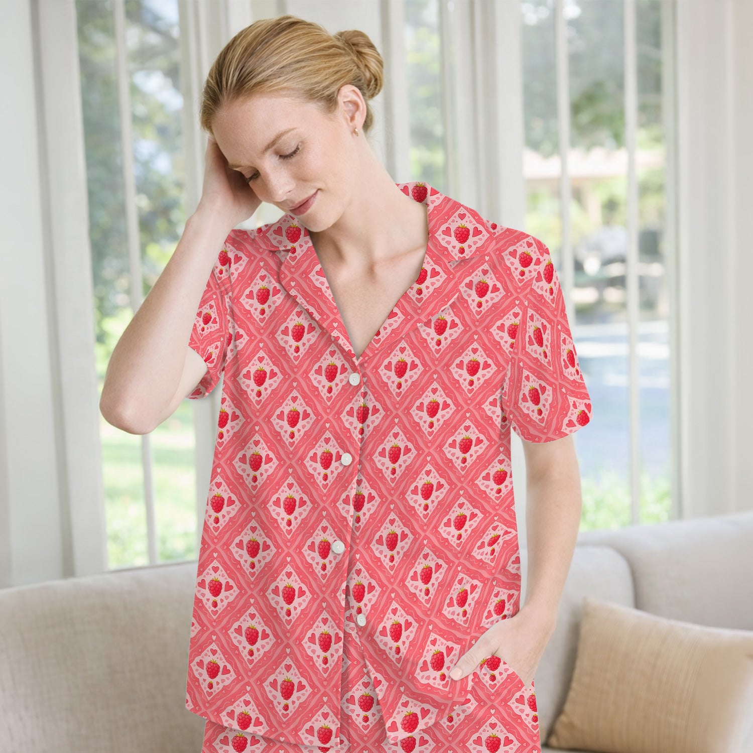 Cute Raspberry Heart Diamond Pattern Pajama Set, Soft Breathable Fabric Comfortable Sleepwear