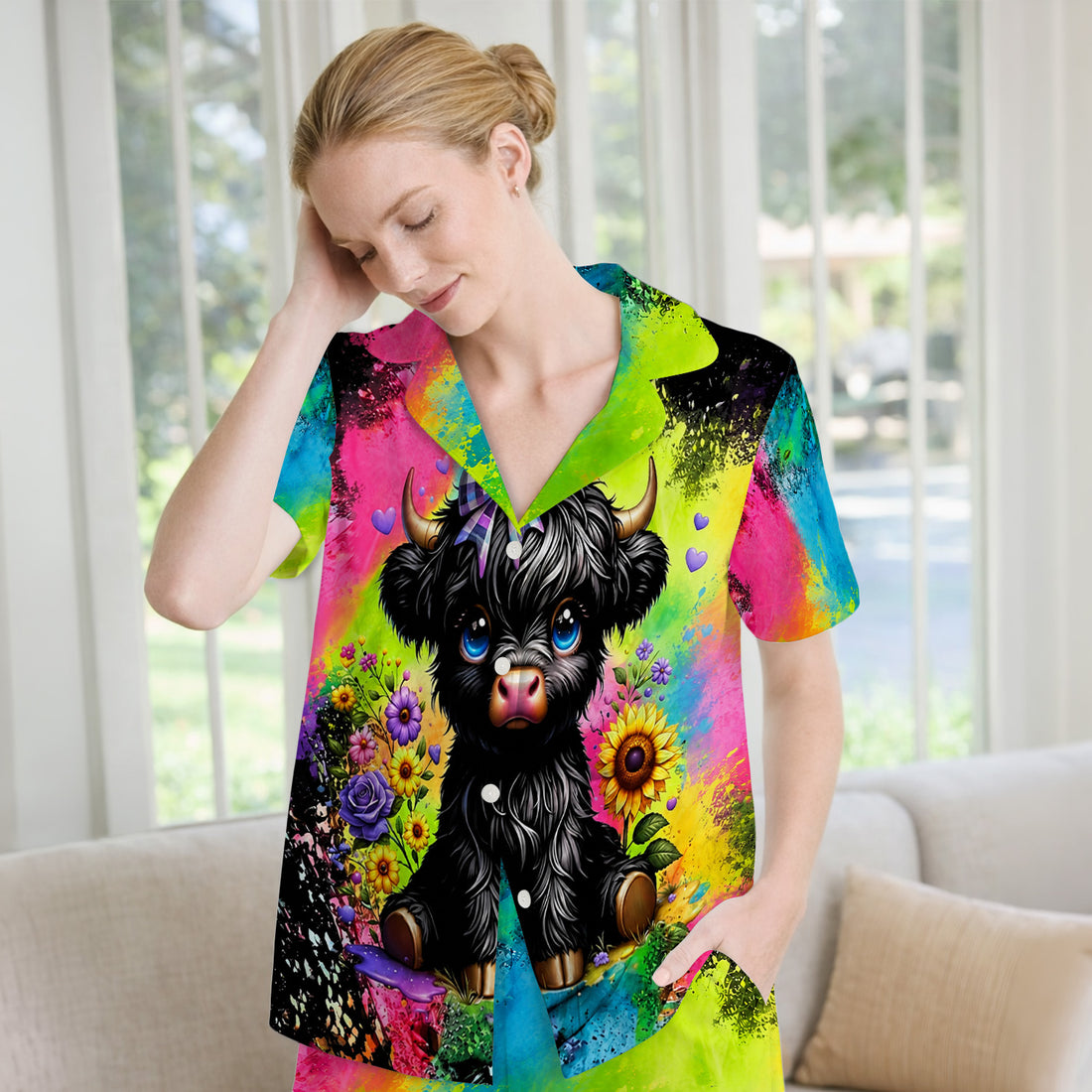 Baby Highland Cow Floral Print Pajama Set, Soft Breathable Fabric Comfortable Sleepwear