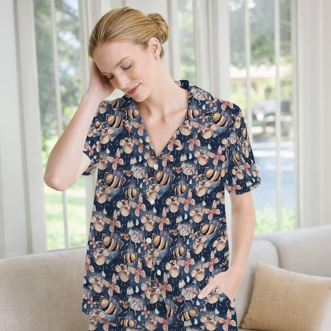 Cute Whimsical Bee Fairy Garden Pattern Pajama Set, Soft Breathable Fabric Comfortable Sleepwear