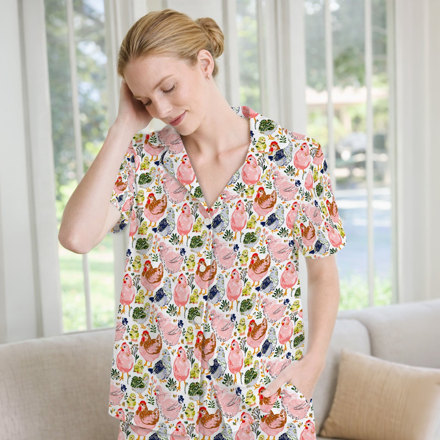 Cute Farm Chicken Hen Chick Pattern Pajama Set, Soft Breathable Fabric Comfortable Sleepwear