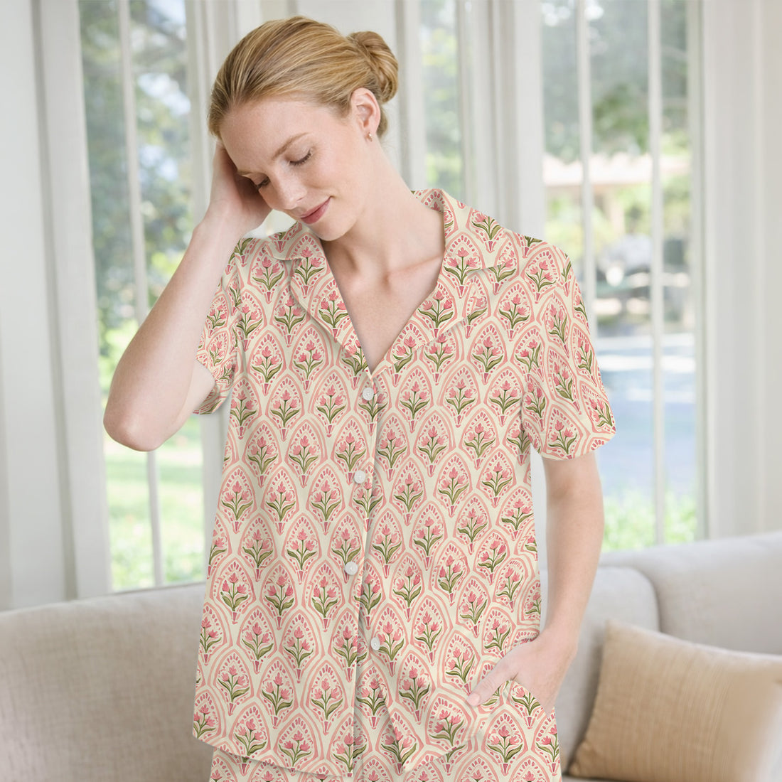 Pink Tulip Floral Arch Pattern Pajama Set, Soft Breathable Fabric Comfortable Sleepwear