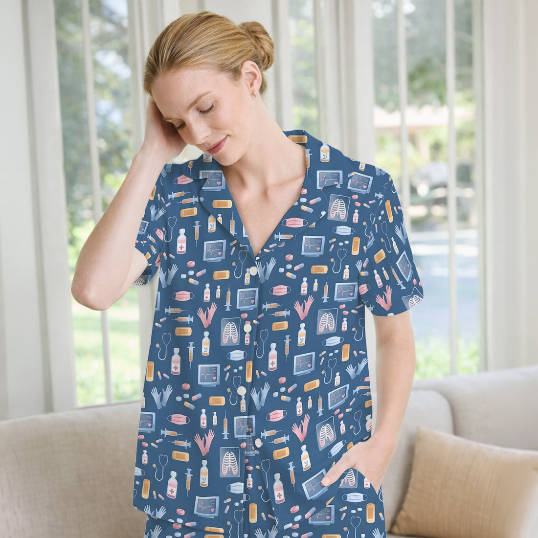 Medical Tools Gloves Syringe Pill Monitor Pattern Pajama Set,  Breathable Fabrics Uniform