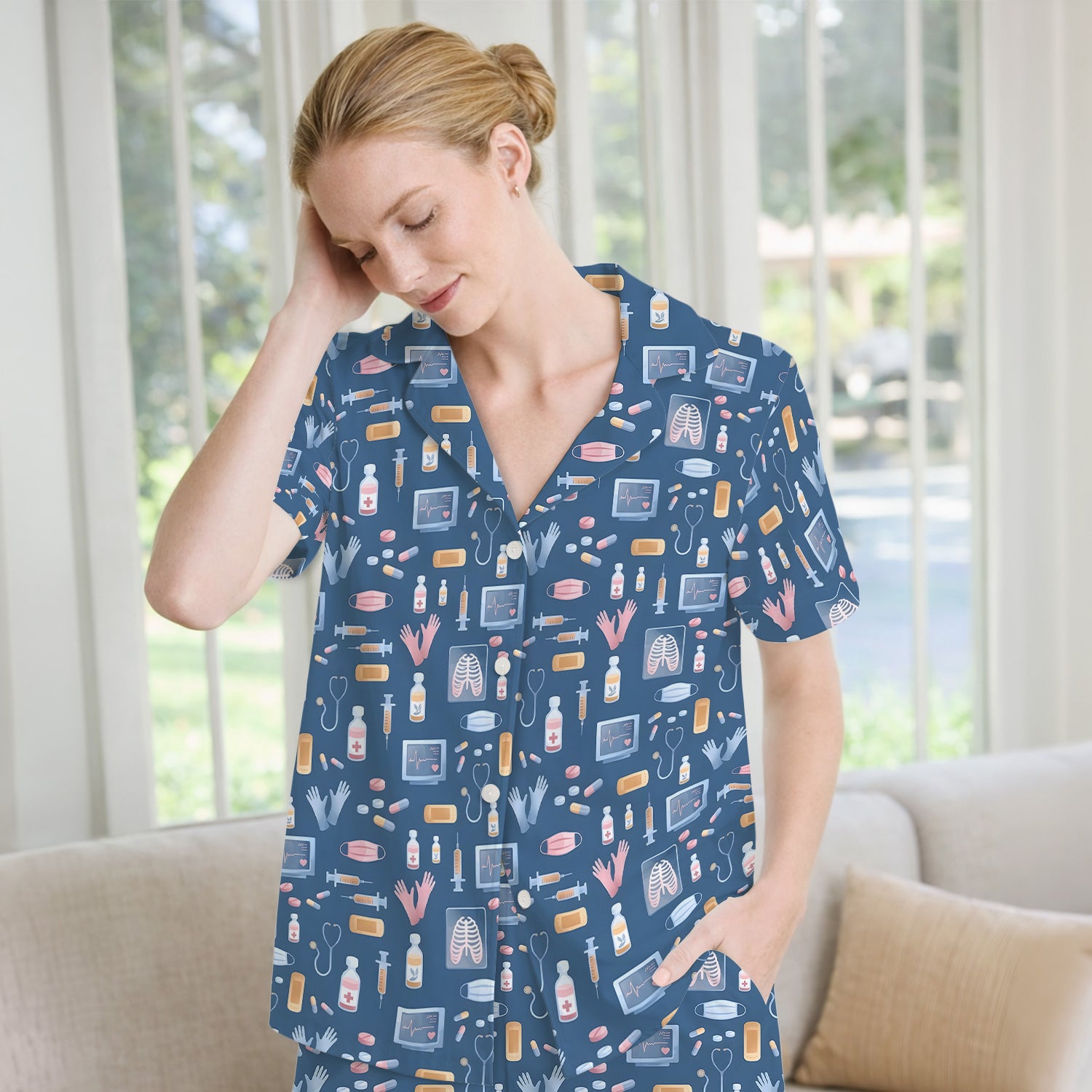 Medical Tools Gloves Syringe Pill Monitor Pattern Pajama Set,  Breathable Fabrics Uniform