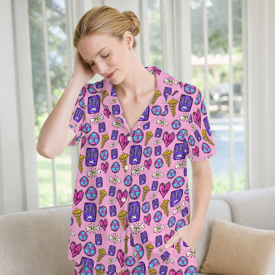 Sassy Nurse Heart Bone Caduceus Xray Icon Print Pajama Set, Soft Breathable Fabric Comfortable Sleepwear