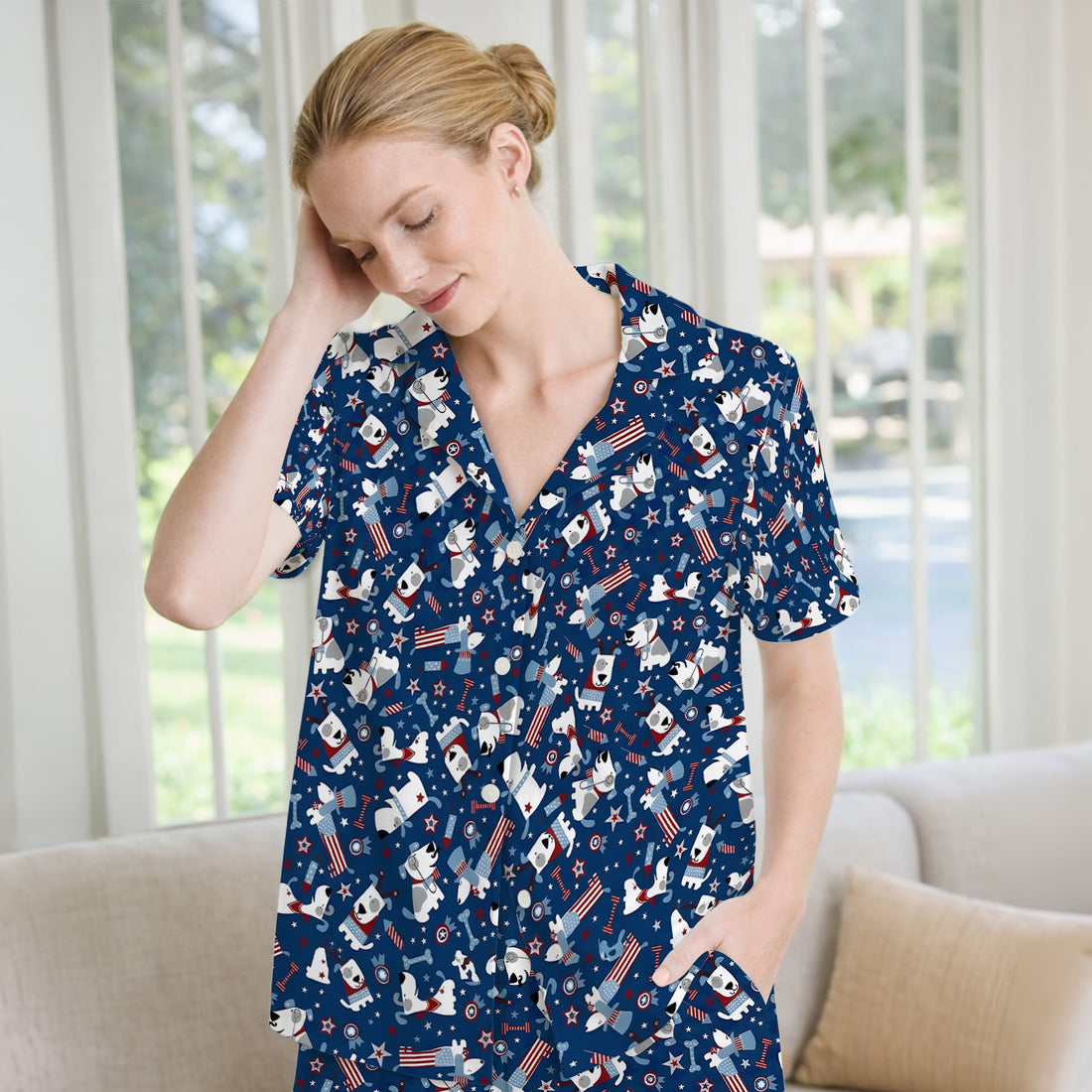 Patriotic Nurse Dog Stars Pattern Pajama Set, Soft Breathable Fabric Comfortable Sleepwear