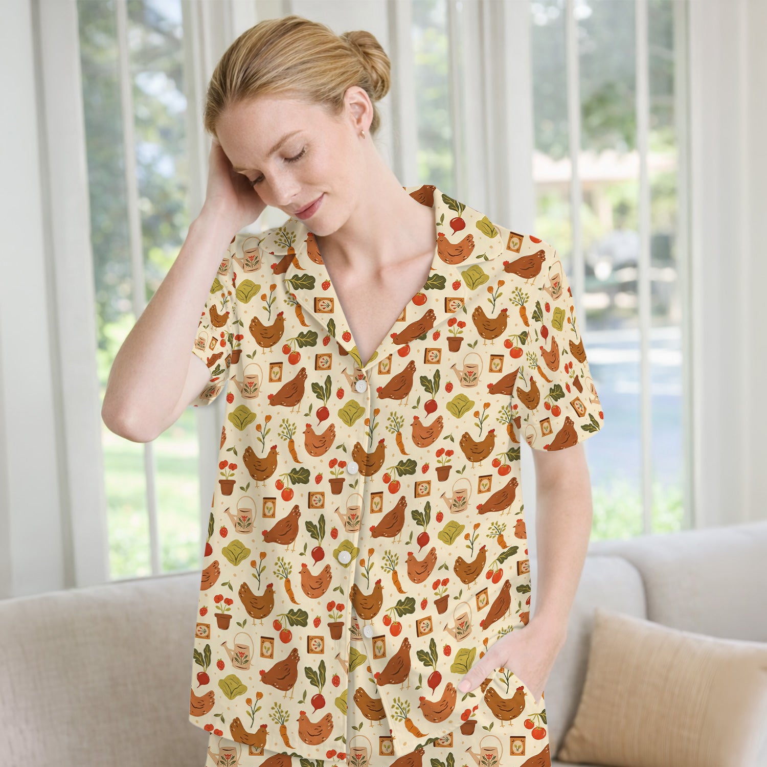 Rustic Farm Chicken Garden Vegetable Pattern Pajama Set, Soft Breathable Fabric Comfortable Sleepwear