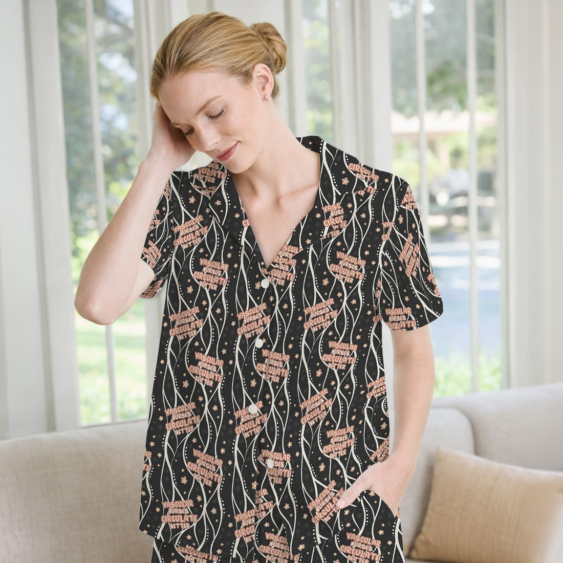 Inspirational Vascular Nurse Circulation Awareness Pattern Pajama Set, Soft Breathable Fabric Comfortable Sleepwear