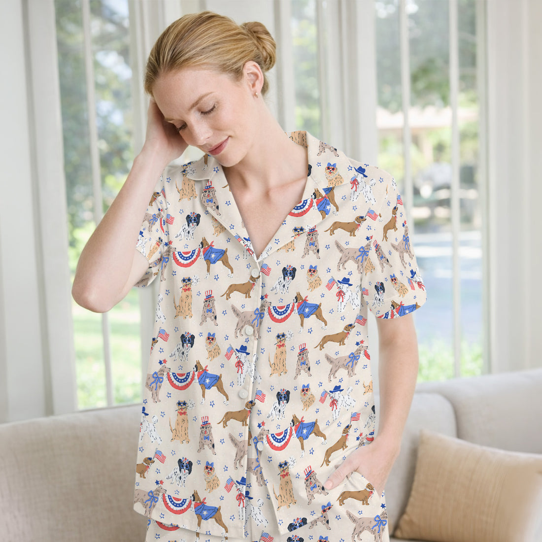Patriotic Dog Parade Pattern Pajama Set, Soft Breathable Fabric Comfortable Sleepwear