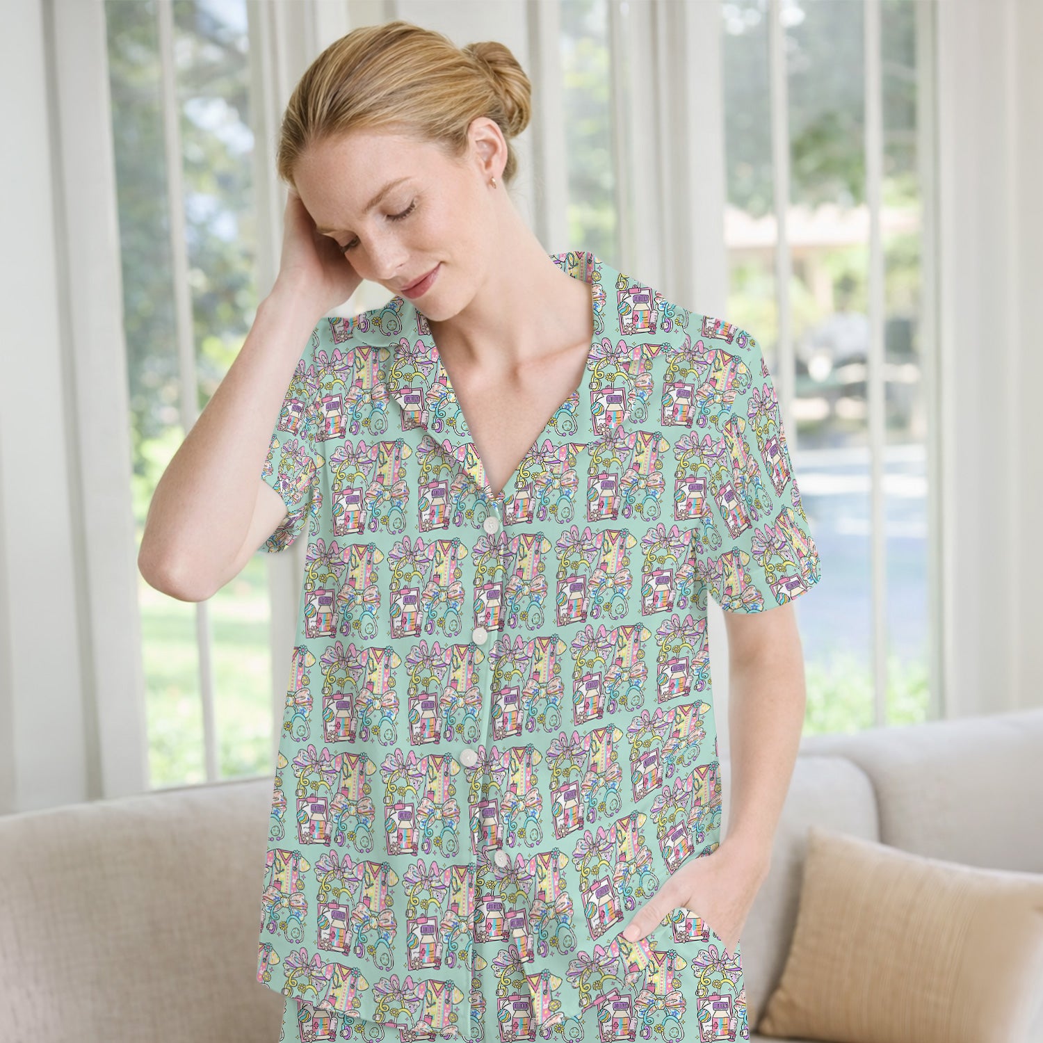 Colorful Nurse Scrub Supplies Pattern Pajama Set, Breathable Fabrics Uniform
