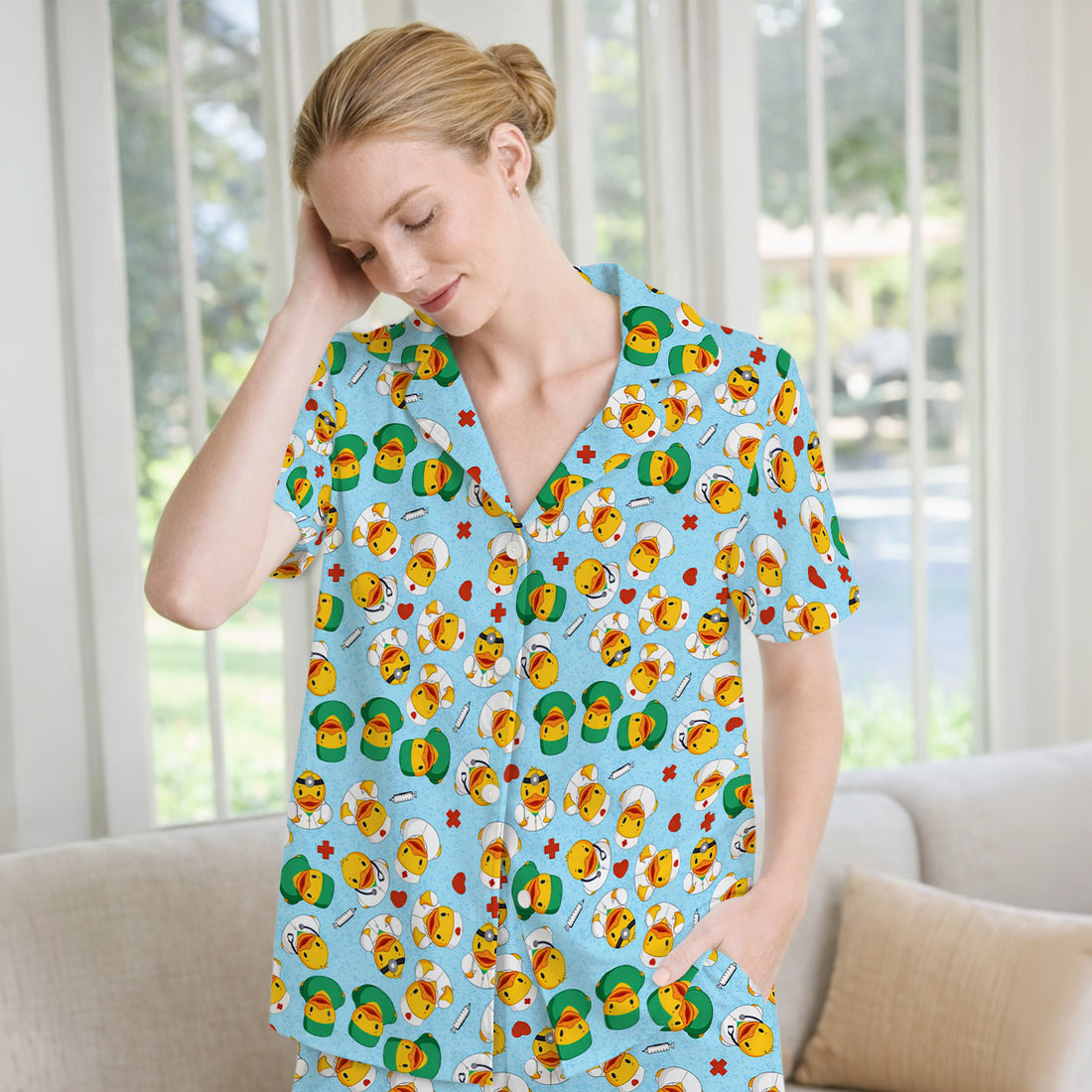 Duck Doctor Cartoon Pattern Pajama Set, Breathable Fabrics Uniform
