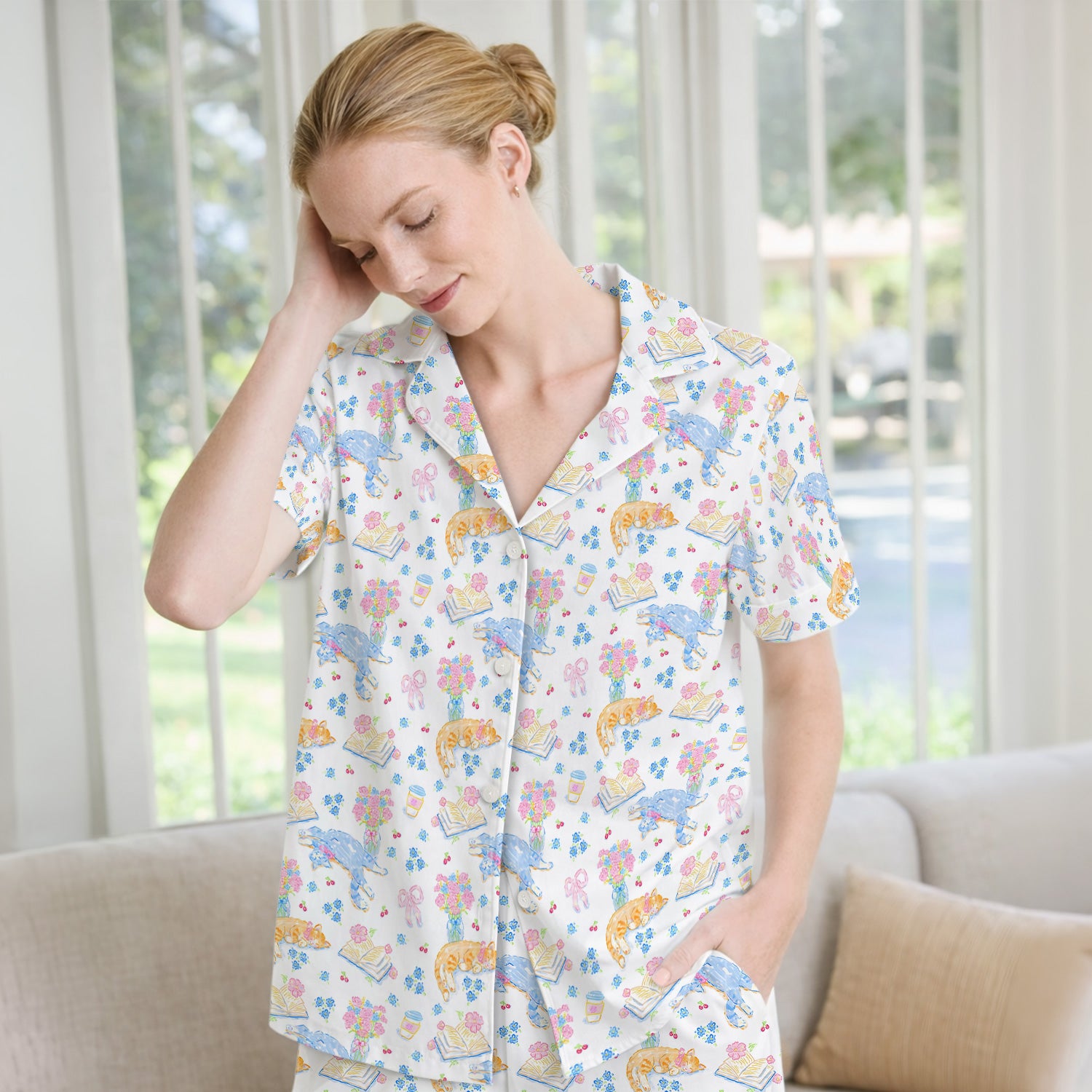 Cute Cats Reading Floral Books Pattern Pajama Set, Soft Breathable Fabric Comfortable Sleepwear