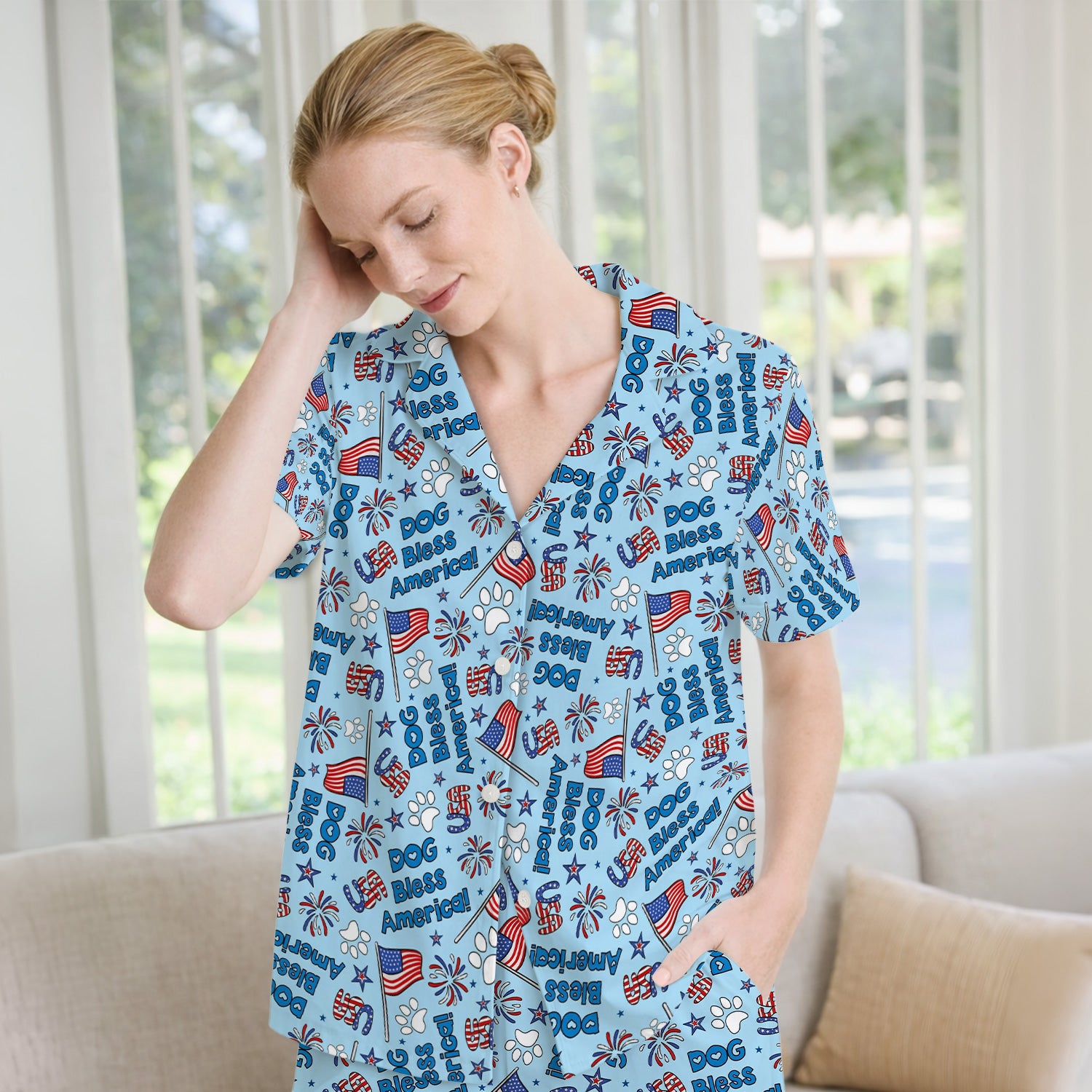 Funny Patriotic Dog Bless America Flag Pattern Pajama Set, Soft Breathable Fabric Comfortable Sleepwear