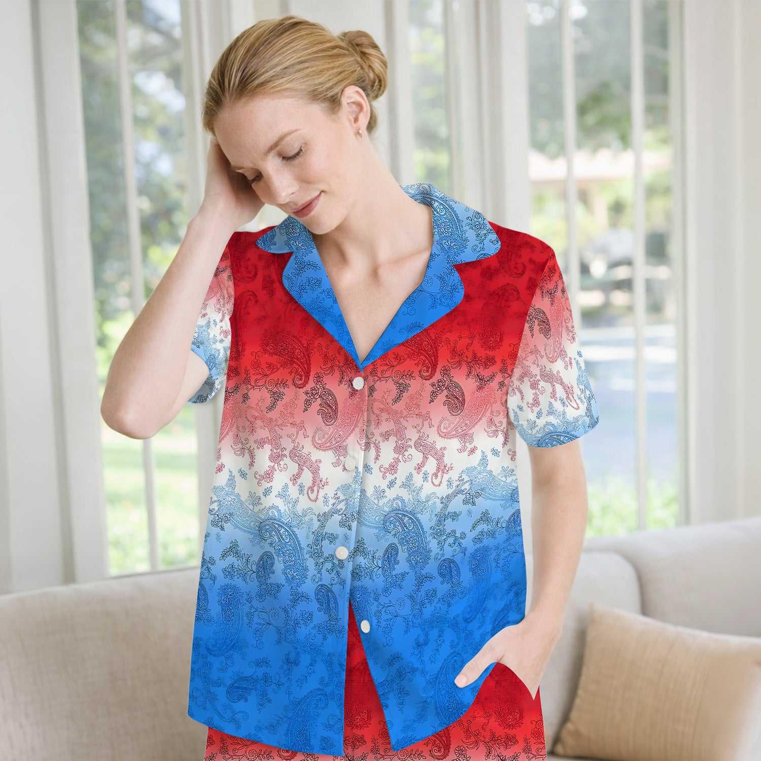 Red Blue Paisley Ombre Pattern Pajama Set, Soft Breathable Fabric Comfortable Sleepwear