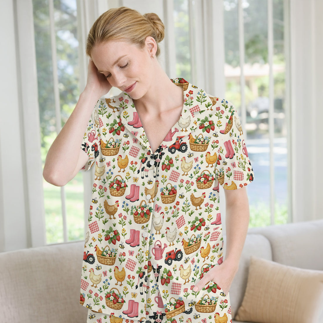 Whimsical Farm Animals Garden Pattern Pajama Set, Breathable Fabrics Uniform