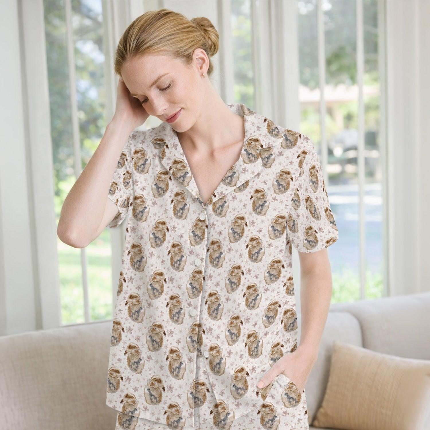Cute Sleeping Bunny Floral Meadow Pattern Nurse Pajama Set, Soft Breathable Fabric Comfortable Sleepwear