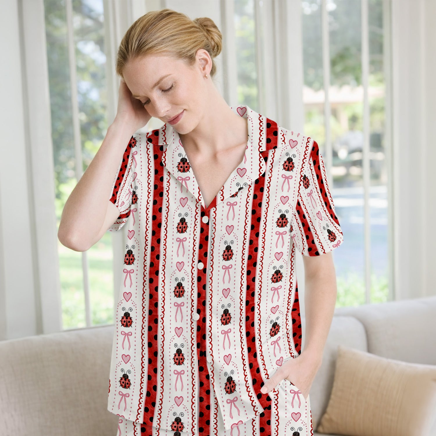 Cute Ladybug Heart Bow Stripe Pattern Pajama Set, Soft Breathable Fabric Comfortable Sleepwear