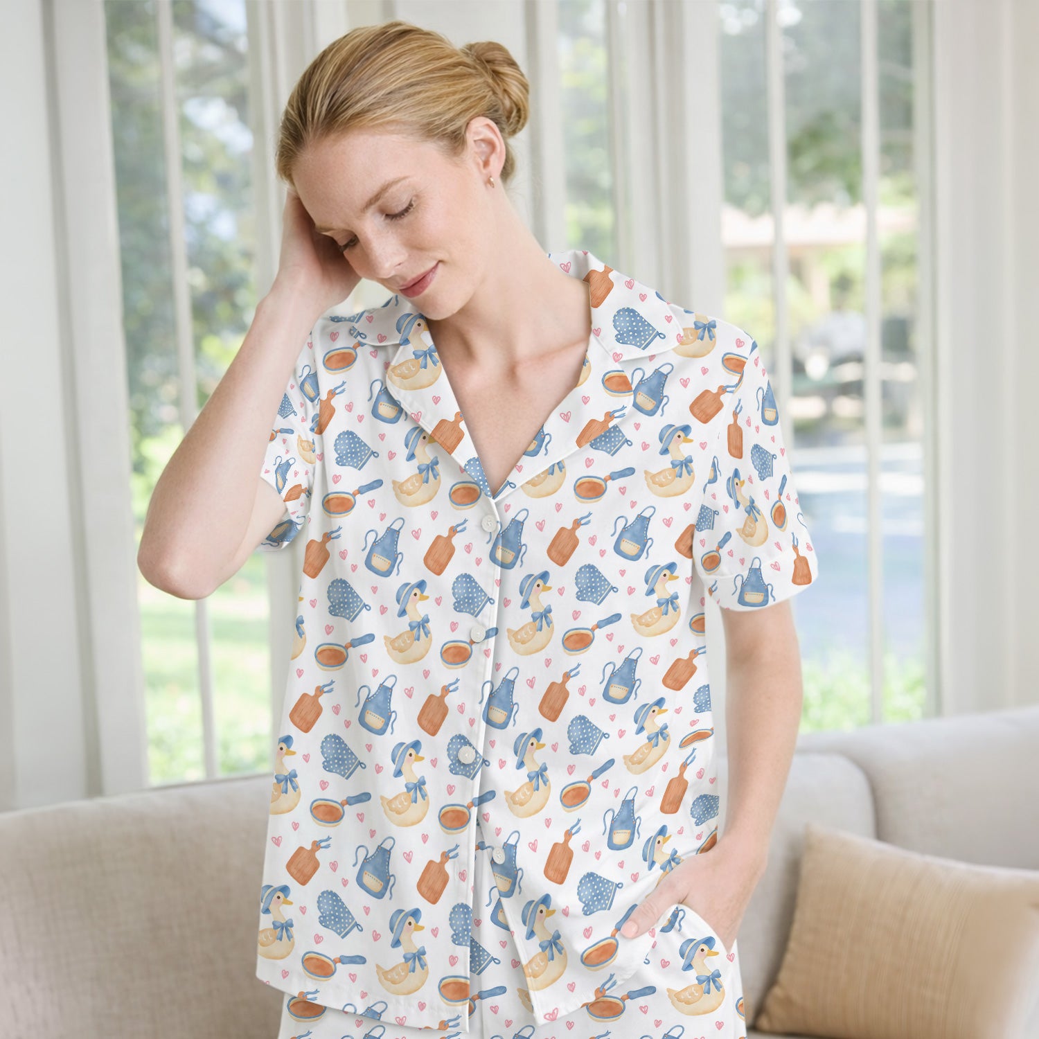 Duck Apron Kitchen Utensil Heart Pattern Pajama Set, Soft Breathable Fabric Comfortable Sleepwear