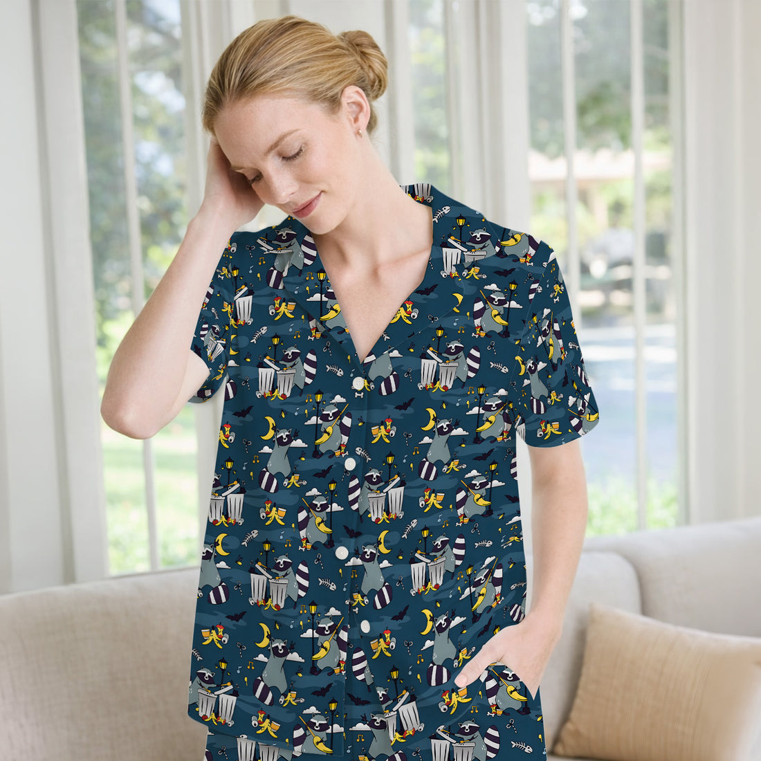 Raccoon Night Trash And Banana Peel Pattern Pajama Set, Breathable Fabrics Uniform