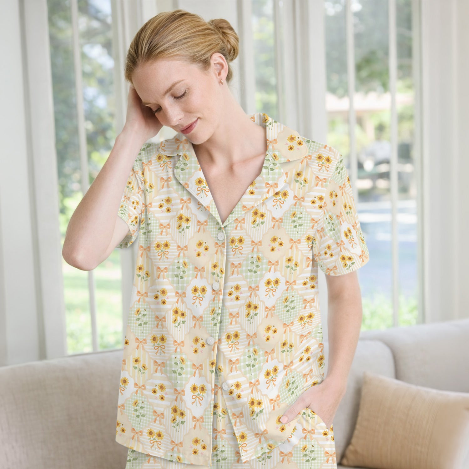 Cute Sunflower Ribbon Patchwork Pattern Pajama Set, Soft Breathable Fabric Comfortable Sleepwear
