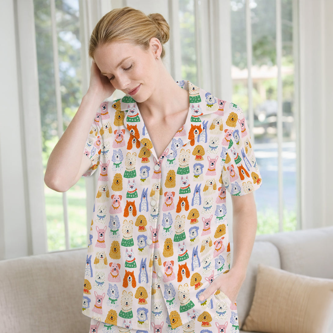 Colorful Dog Faces Cartoon Pattern Pajama Set, Soft Breathable Fabric Comfortable Sleepwear