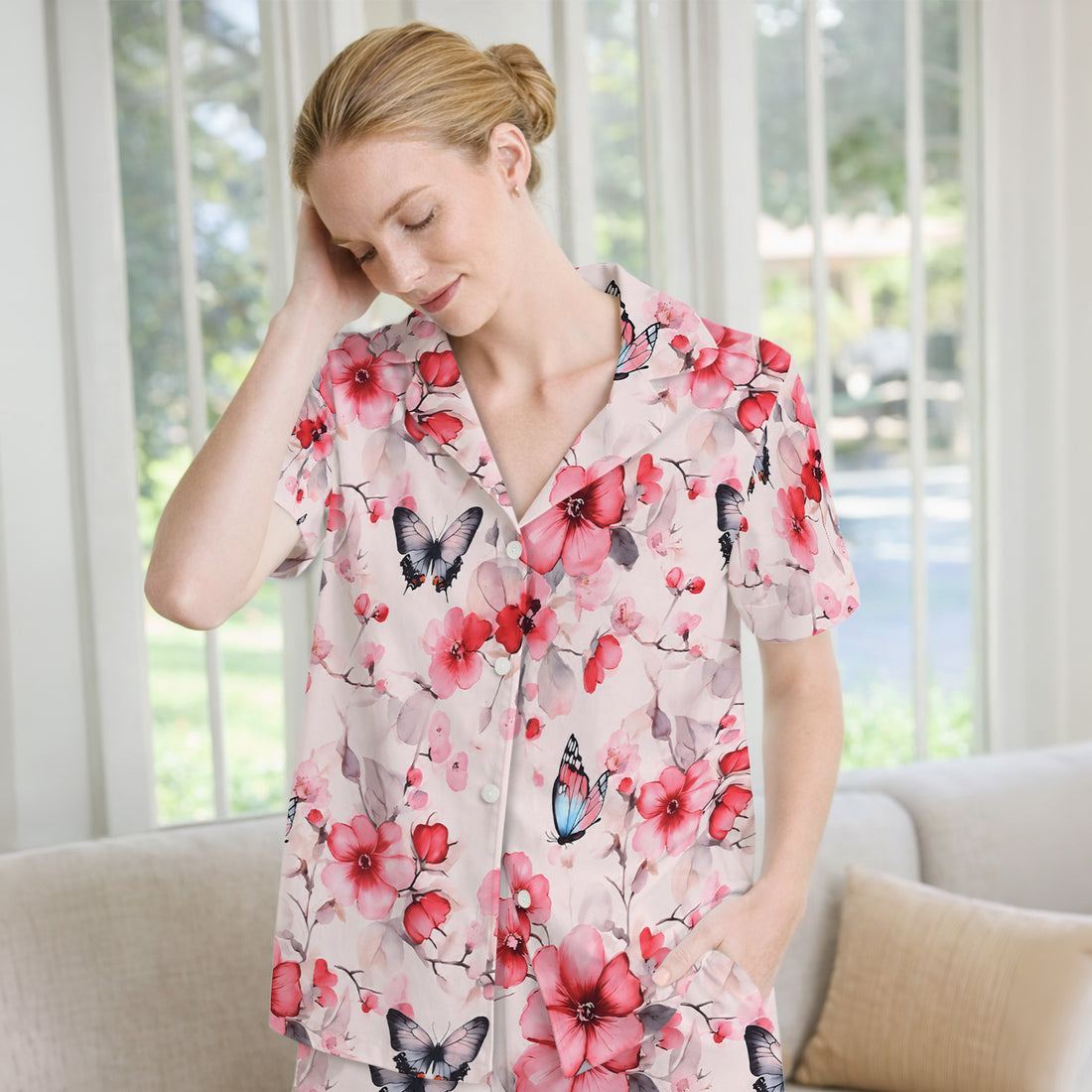 Pink Butterfly Blossom Pattern Pajama Set, Soft Breathable Fabric Comfortable Sleepwear