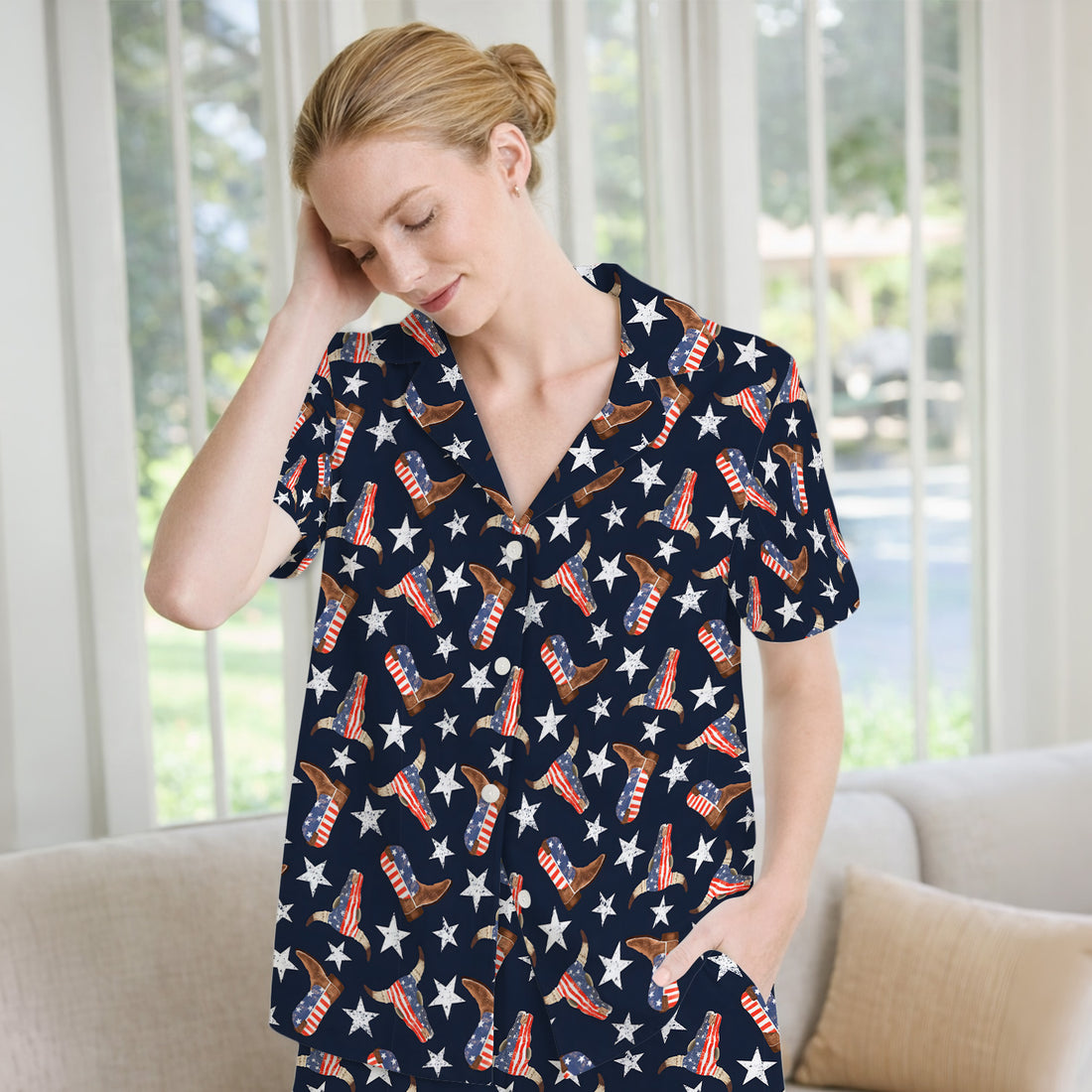 Western Boots Stars Pattern Pajama Set, Soft Breathable Fabric Comfortable Sleepwear