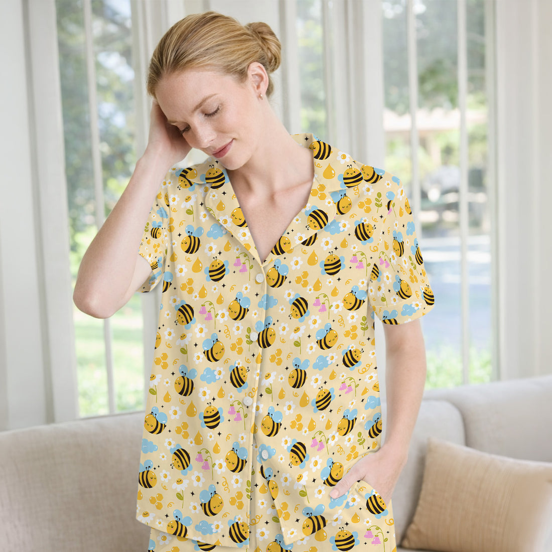 Honey Bee Flower Cloud Pattern Pajama Set, Breathable Fabrics Uniform