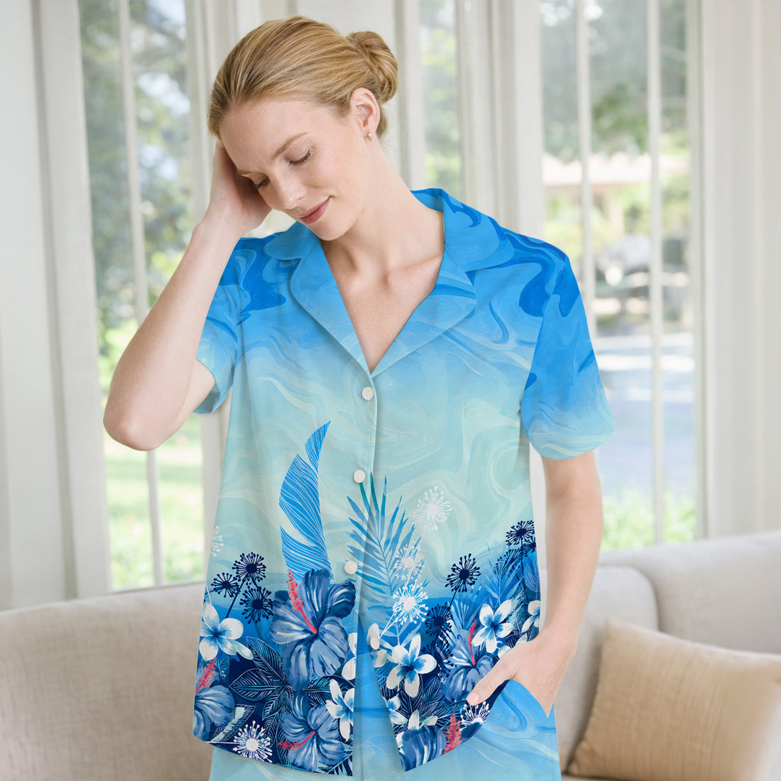 Elegant Blue Tropical Floral Pattern Pajama Set, Soft Breathable Fabric Comfortable Sleepwear