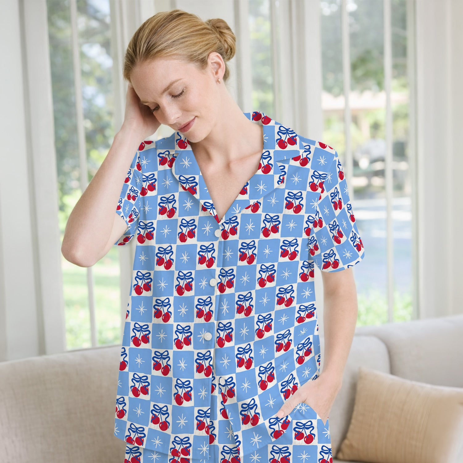 Cute Cherry Bow With Blue Gingham Check Pattern Pajama Set, Soft Breathable Fabric Comfortable Sleepwear