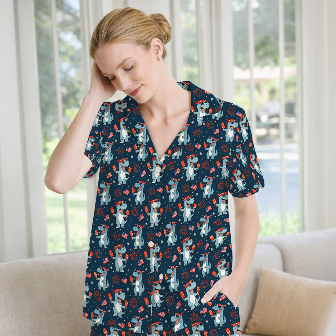Dinosaur With Flag American Pattern Pajama Set, Soft Breathable Fabric Comfortable Sleepwear