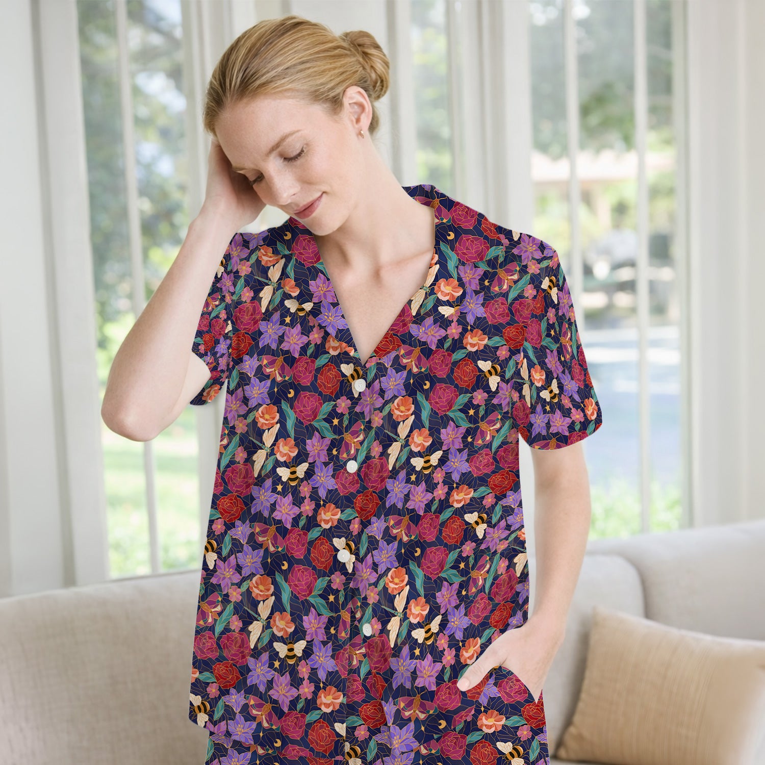 Charming Floral Garden With Bees And Dragonflies Pajama Set, Soft Breathable Fabric Comfortable Sleepwear