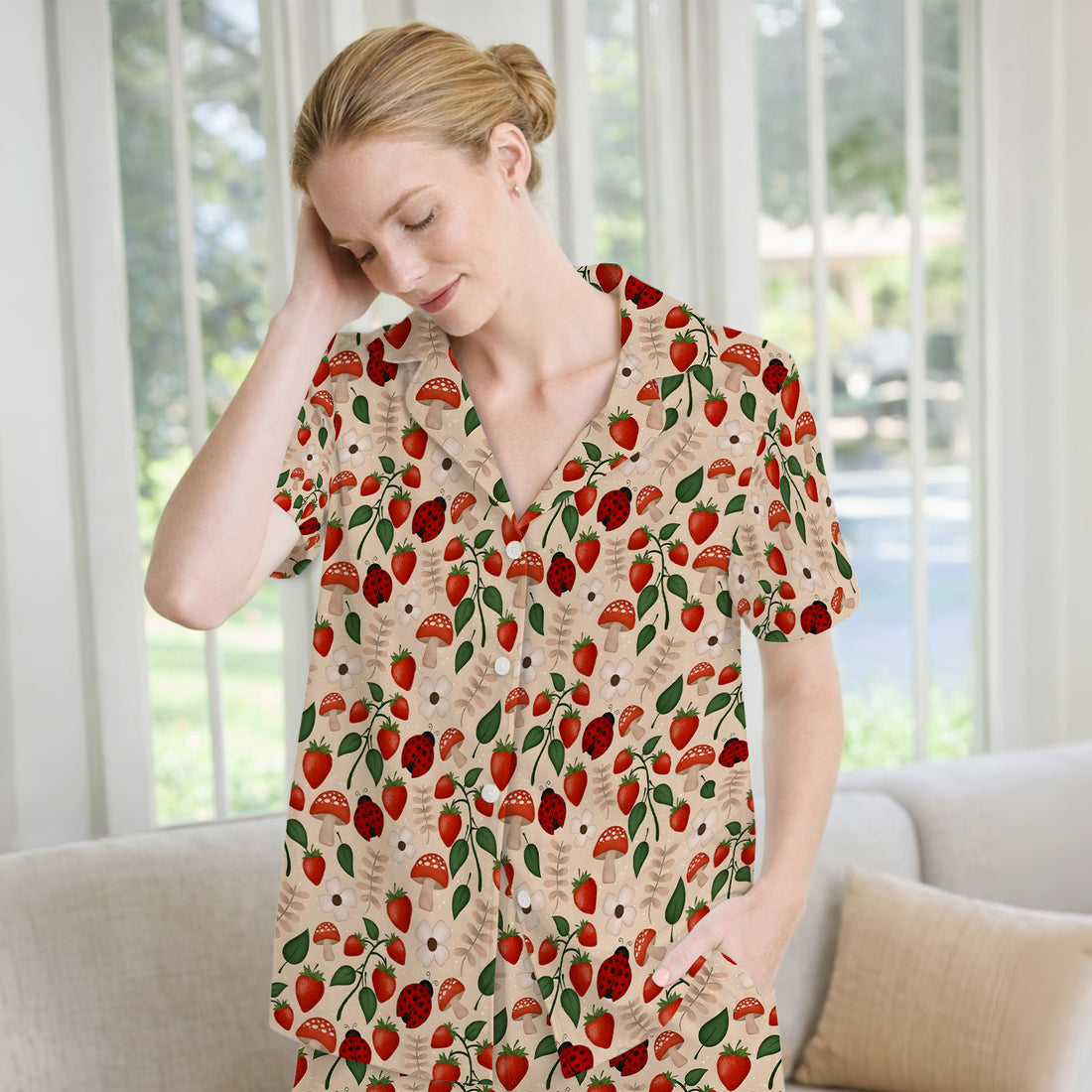Strawberry Ladybug Mushroom Floral Pajama Set, Breathable Fabrics Uniform