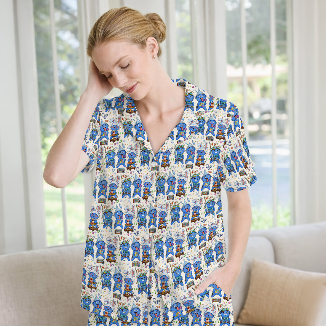 Cute Glove Doll Hospital Medical Cartoon Nurse Pattern Pajama Set, Breathable Fabrics Uniform
