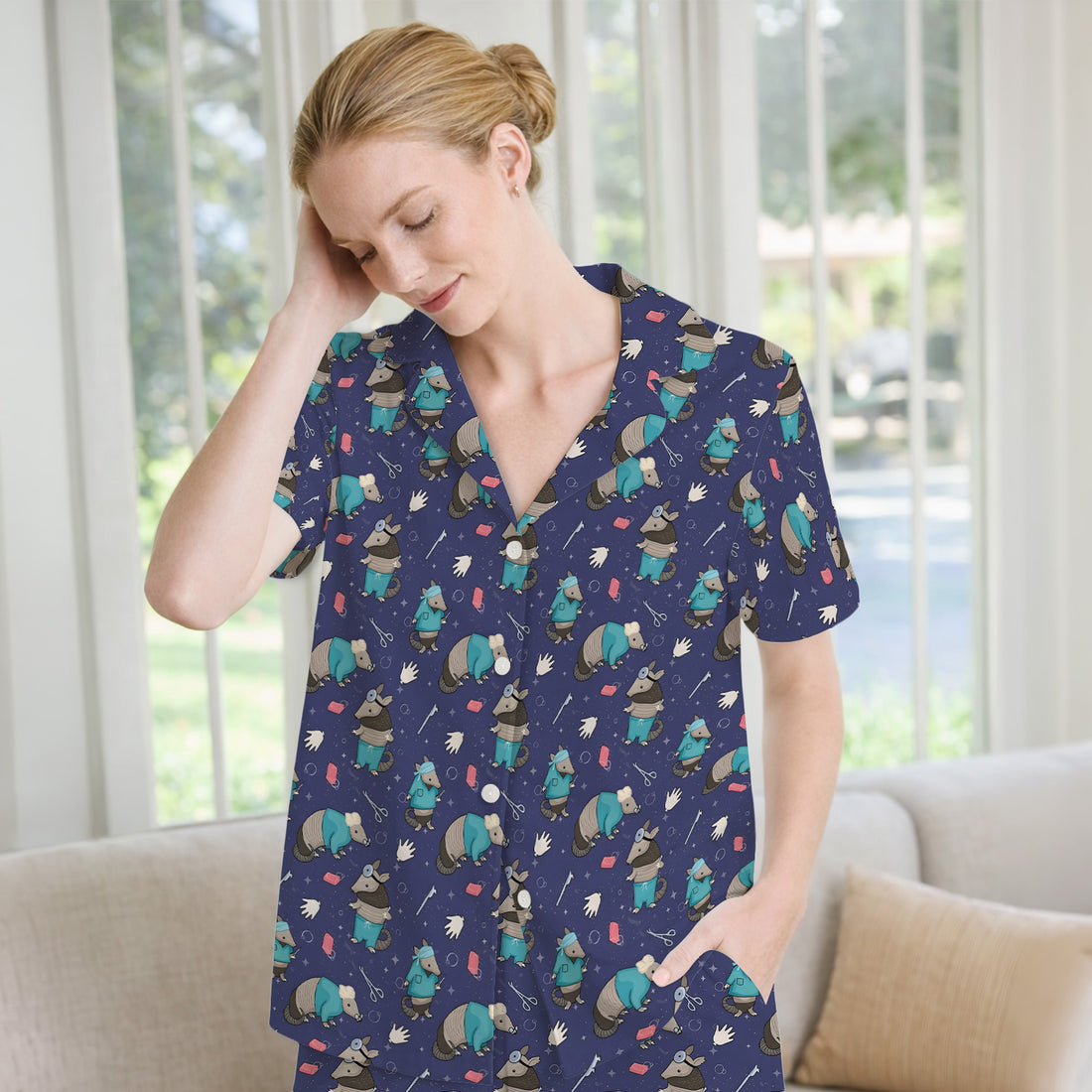 Armadillo Doctor Medical Tools Pattern Pajama Set, Breathable Fabrics Uniform