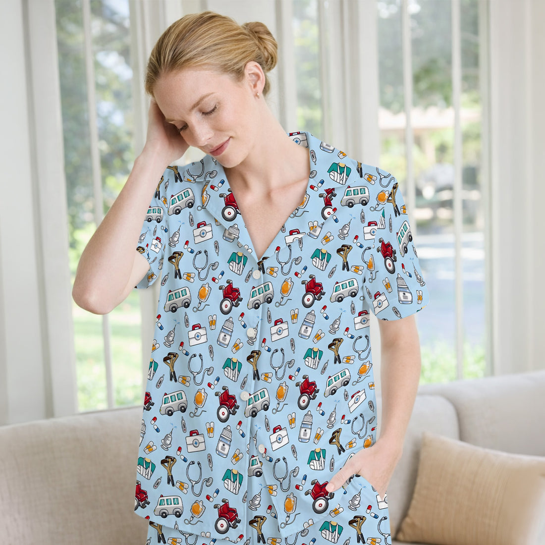 Care Medical Tools & Emergency Transport Pattern Pajama Set, Breathable Fabrics Uniform