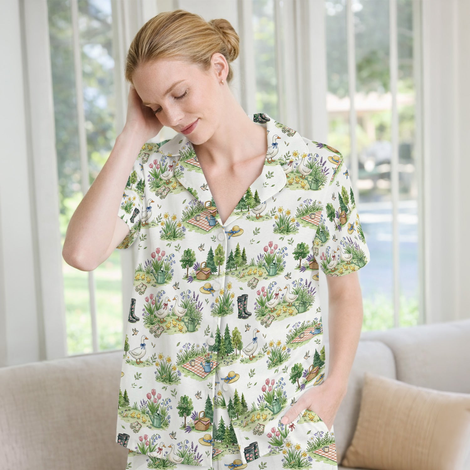 Cute Duck Garden Pattern Pajama Set, Breathable Fabrics Uniform