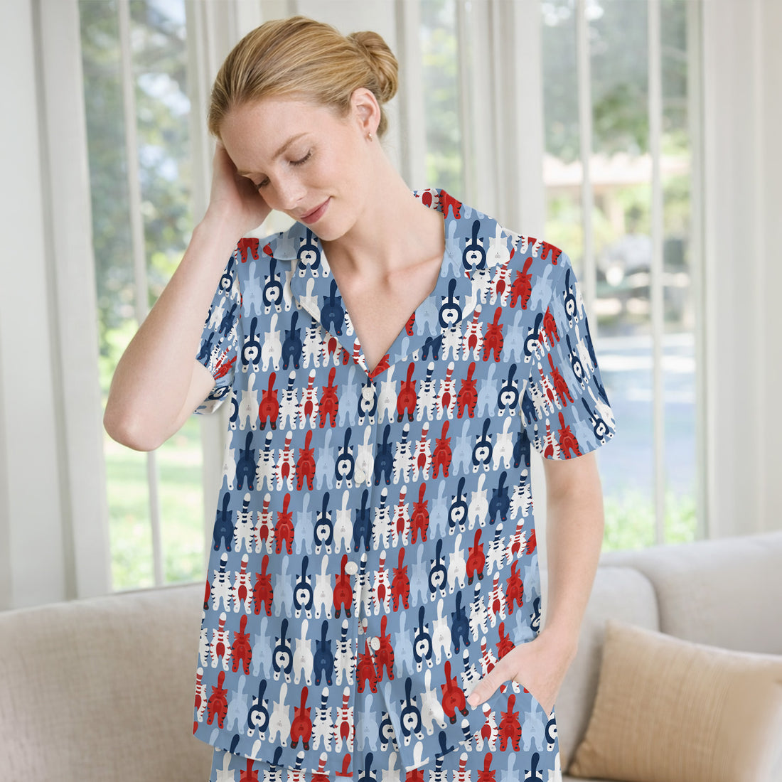 Colorful Patriotic Cat Tail Pattern Pajama Set, Soft Breathable Fabric Comfortable Sleepwear