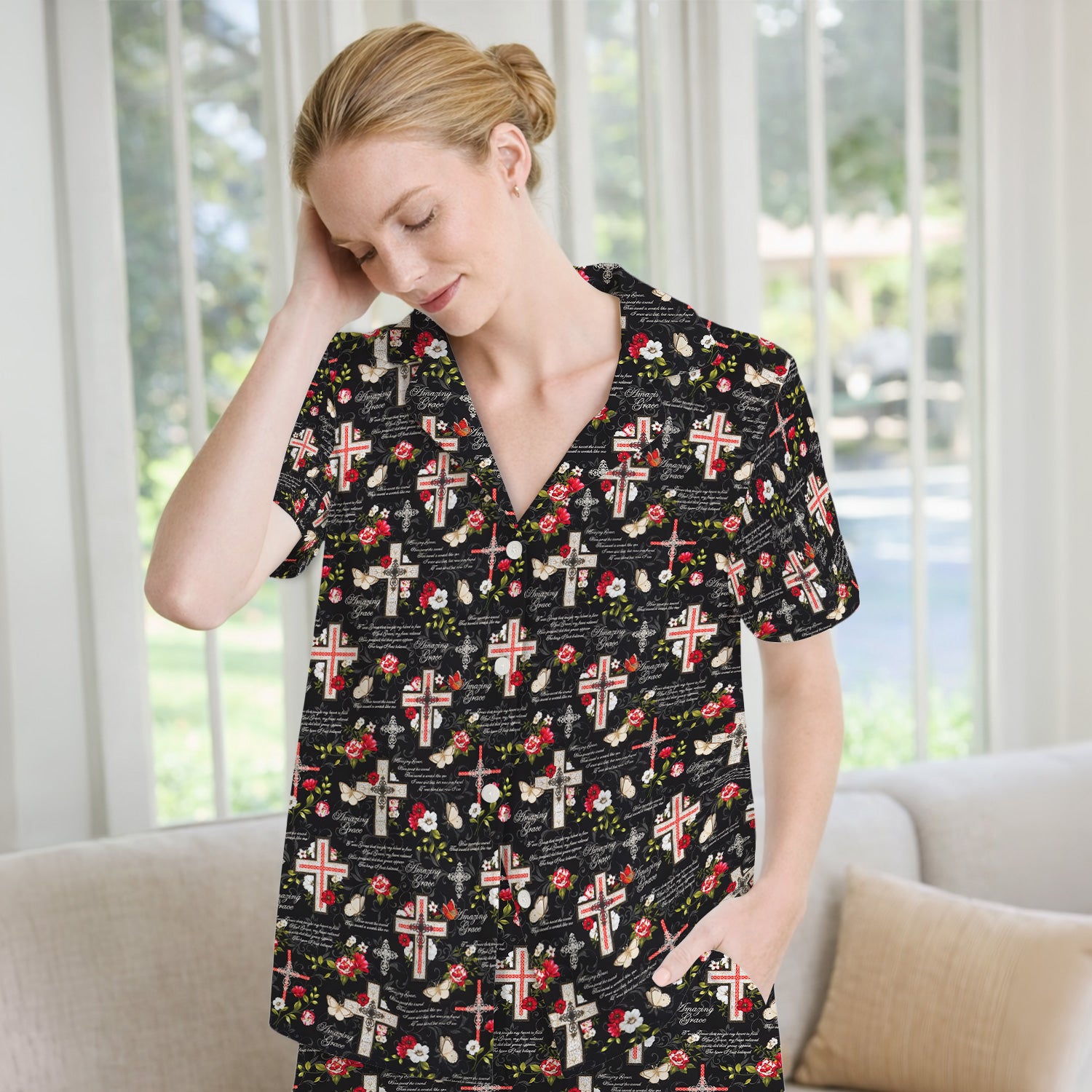 Christian Cross Roses And Butterflies Print Pajama Set, Soft Breathable Fabric Comfortable Sleepwear