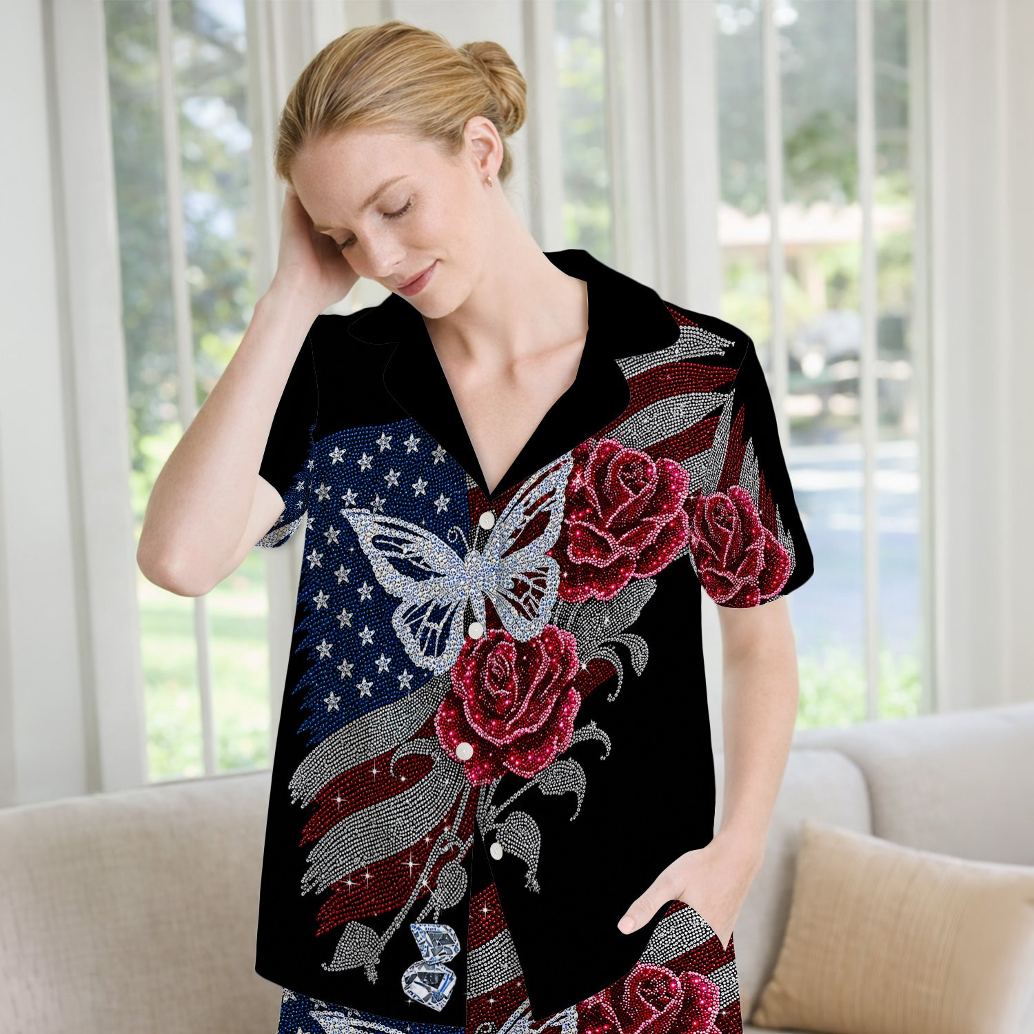 Patriotic Butterfly Rose Flag Print Pajama Set, Soft Breathable Fabric Comfortable Sleepwear