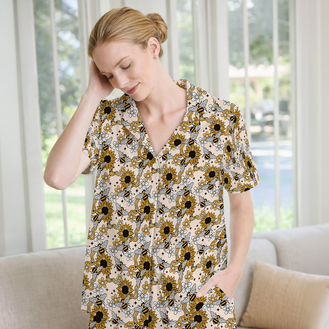 Sunflower And Honey Bee Floral Pajama Set, Breathable Fabrics Uniform