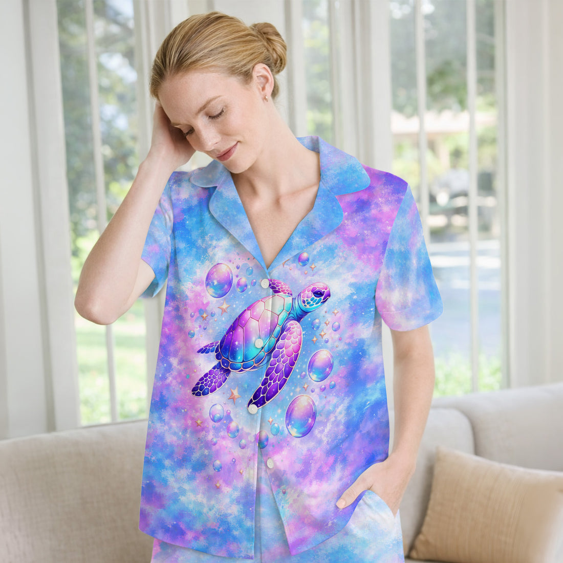 Pastel Galaxy Sea Turtle Bubble Art Pajama Set, Soft Breathable Fabric Comfortable Sleepwear
