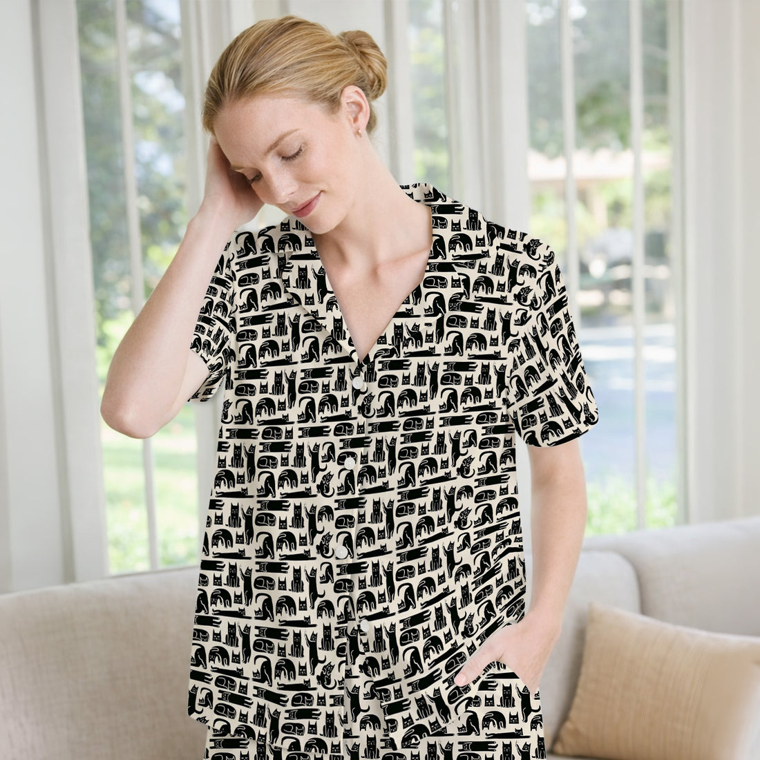 Cute Funny Cat Poses Print Pajama Set, Breathable Fabrics Uniform